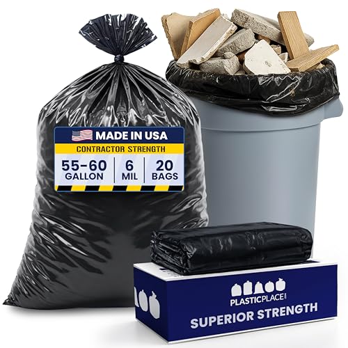 Plasticplace Contractor Garbage Bags: 55 Gallon Trash Bags Heavy Duty Big Black Trash Bags 36x58 6.0 Mil Pack of 20