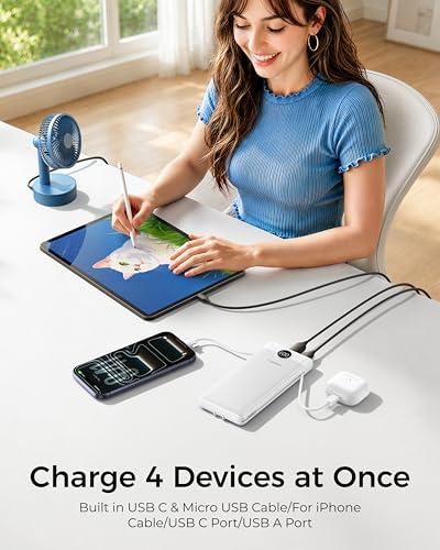 Image of VEGER Portable Charger with Built-in AC Plug and Cables, All in One 10000mAh Ultra Slim Power Bank Travel Essentials, USB C External Battery Pack Compatible with iPhone, Samsung, More, White