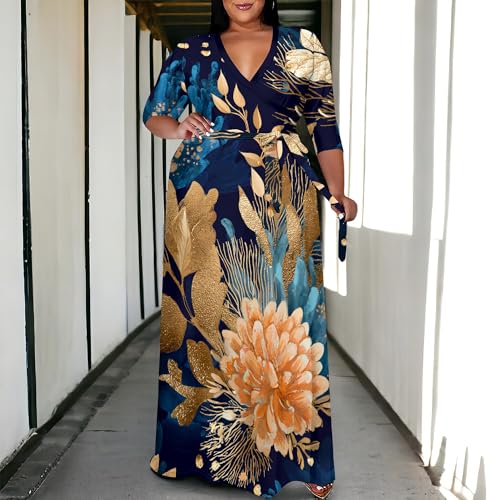 Image of SUZONANA Plus Size Maxi Dresses for Curcy Women Casual Loose 3 /4 Sleeve Long Dress with Belt