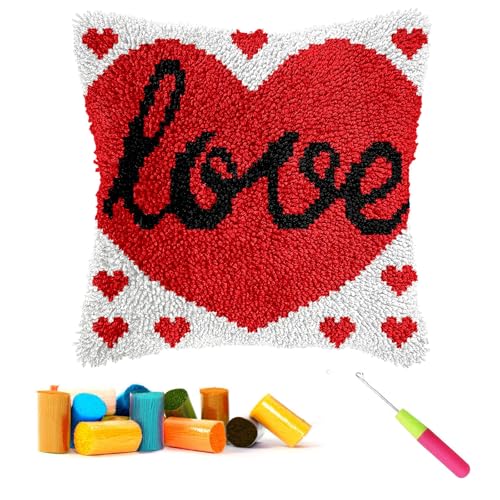 CCWORAN Love Latch Hook Cushion Kits for Adults Beginners Kids Pillow Cover Making Crochet Craft Kits Pre Printed Canvas Wool Yarn Hobbies DIY Sofa Home Decor Women Gift 17x17inch 8