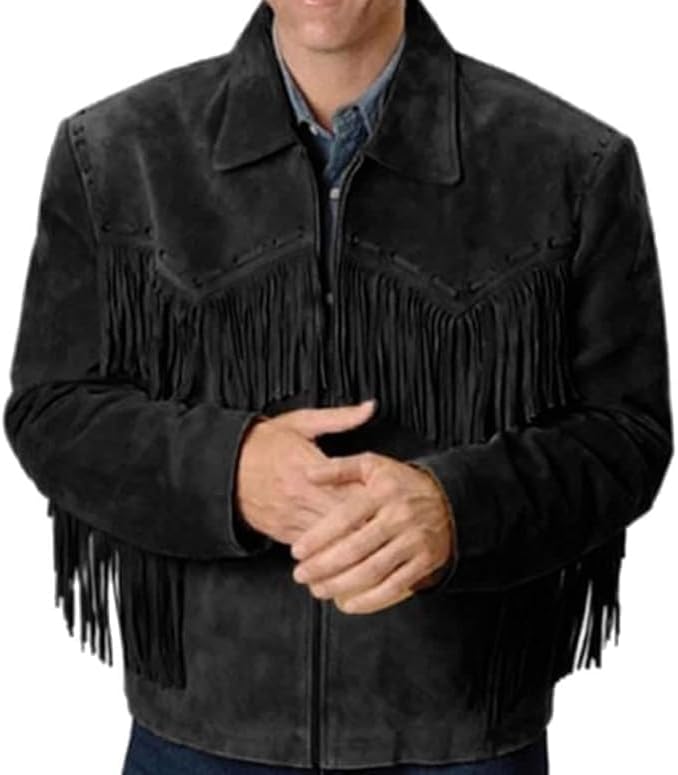 Mens Fringe Jacket - Western Cowboy Brown Faux Suede Leather Fringed Jacket with Fringes