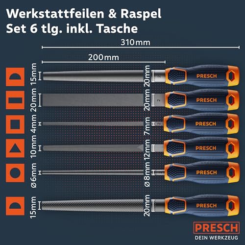 Presch Feilenset Metall und Holz 6tlg. inkl Rolltasche - Hochwertiges Profi Feilen Set mit Hieb 2 inkl. Halbrundraspel, Flachstumpffeile, Halbrundfeile, Rundfeile, Dreikantfeile und Vierkantfeile