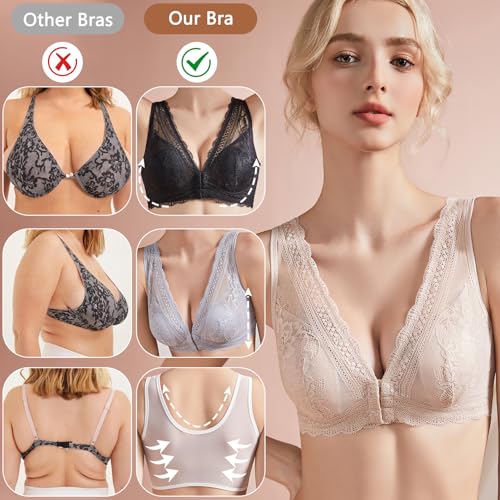Wireless Bras for Women No Underwire Front Closure Plus Size Bra Comfortable Plunge Lace Womens Bras3