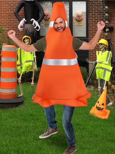 Traffic Cone Costume Adult - 51in Funny Construction Cone Halloween Costumes with Gray Light Responsive for Men Women, Orange3
