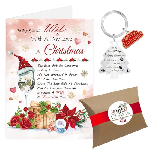 Wife Christmas Card, Christmas Card Xmas Card from Husband, Luxury Merry Christmas Cards Keyring Gifts for Her with Gift Box Envelope (Wife)