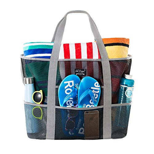SoHo Collection, Mesh Beach Bag – Toy Tote Bag – Large Lightweight Market, Grocery & Picnic Tote with Oversized Pockets (Black and Gray)2