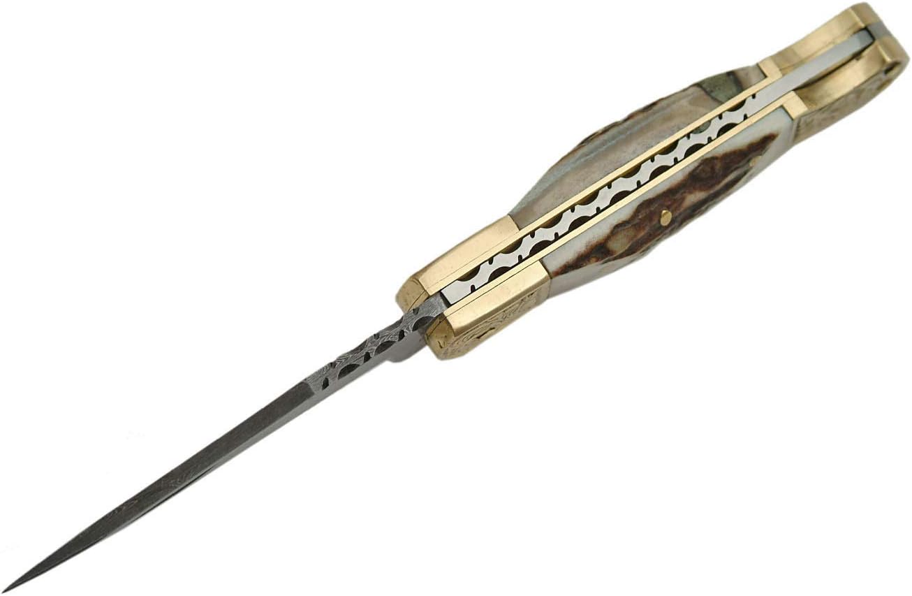 SANZ 4.25" Damascus Folding Knife– Lockback Pocket Knife for Men and Women with 3.25" Razor Sharp Blade, Engraved Brass Bolster, Stag Handle & Filework Spine – Hunting, Camping, Everyday Carry EDC Knife