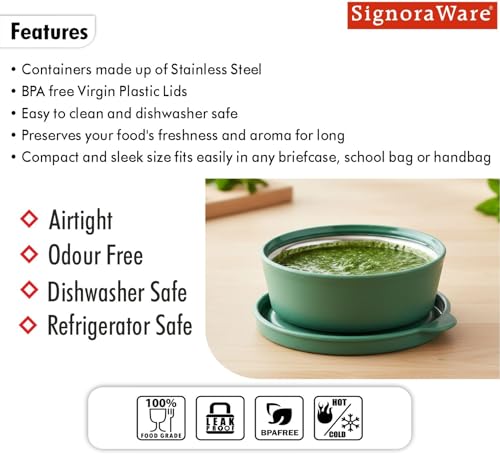 Image of SignoraWare Monarch Mini Mate Stainless Steel Container | Airtight & Leakproof | Small Storage Box for Spices, Chutney, Snacks | Ideal for Office, School & Travel (80ml | Egreen)