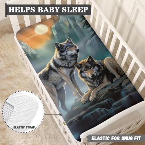Image of Wolf Moon Crib Sheets for Boys, Baby Bed Sheet Set 28 inchX52 inch Standard Crib Mattress Soft Nursery Bed Sheet for Standard Crib and Toddler Mattress