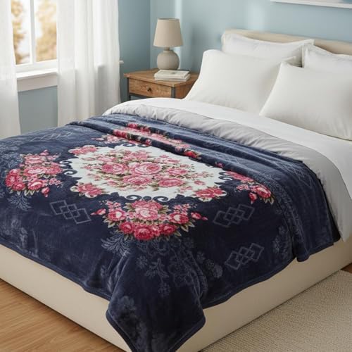 Image of Luxurious Heavyweight Microfiber Korean-Style Plush Blanket, Floral Velvet, 240x220 cm, Winter Comfort, Single Layer (Dark Blue Multicolor, Double)