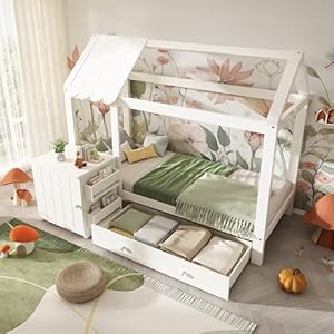 VSOGA Hausbett mit Schubladen & Nachttisch Weiß