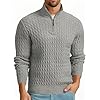 QIXING Men's Cable Knit Jumper Quarter Zip Mock Neck Cable Pattern Sweater Soft Casual Tops with Ribbed Edges (Gray, M)