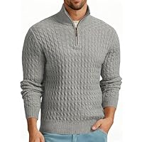 QIXING Men's Cable Knit Jumper Quarter Zip Mock Neck Cable Pattern Sweater Soft Casual Tops with Ribbed Edges (Gray, M)