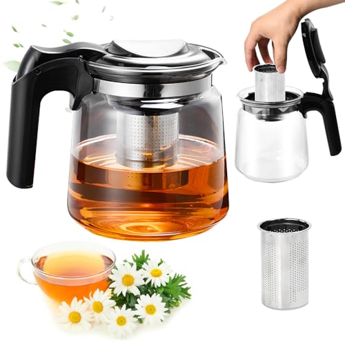 Zuxbolf Tetera de Cristal para Infusiones de 1,5l Tetera de Vidrio con Infusor y Mango Resistente al Calor Tetera de Cristal para Vitrocerámica Jarra de Cristal para Hacer Infusiones de Té Flores