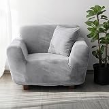 NAKIHOUSE Dicke Samt Sofa Überwürfe Sofabezug mit einem Kissenbezug, Superweicher Elastische Sofa Abdeckung in Silber Grau Farbe für 1/2/3/4 Sitzer（L-förmiges Ecksofa erfordert Zwei）