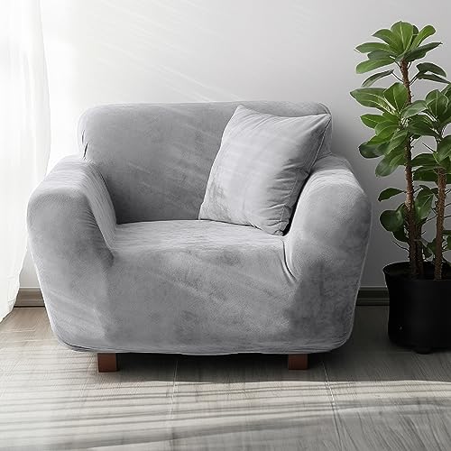 NAKIHOUSE Dicke Samt Sofa Überwürfe Sofabezug mit einem Kissenbezug, Superweicher Elastische Sofa Abdeckung in Silber Grau Farbe für 1/2/3/4 Sitzer（L-förmiges Ecksofa erfordert Zwei）