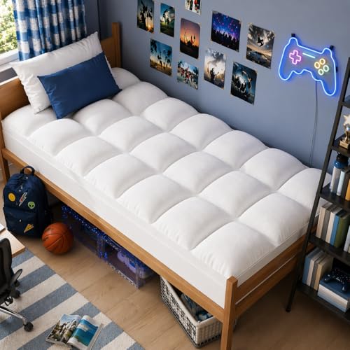 Image of ELEMUSE Twin Mattress Topper, Thick Pillow Top Mattress Pad | Overfilled down alternative filling adds plush comfort. Deep pocket design fits twin beds for small spaces and guest rooms.