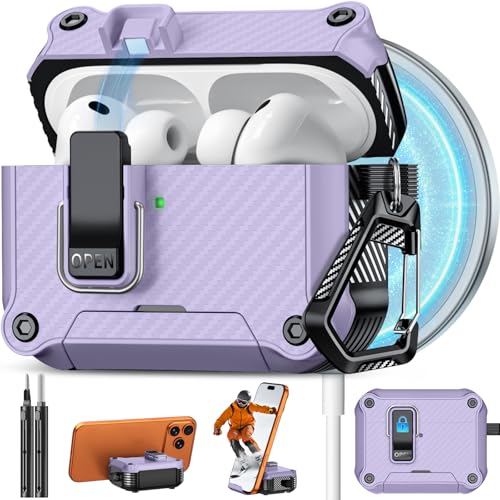 Image of Pohgelan for AirPods Pro 3 Case with Safety Lock-Purple | Carbon Fiber Texture Cover,Magnetic Automatic Lock with Cleaning Kit&Keychain,Compatible with Magsafe