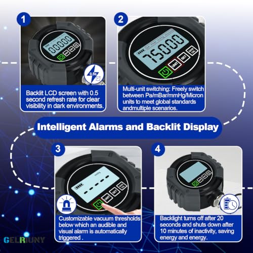 Image of Upgrade Digital Vacuum Gauge, HVAC Micron Gauge Tester, 0-75000 Microns | HVAC Vacuum Pressure Gauge, 7 /16-20 UNF, User-Set Audible Alarm Value, 1 /4 inch SAE Extension Connector and T-Type Connector