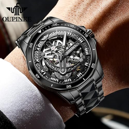 Image of OLEVS Mens Watches Skeleton Mechanical Black Watches for Men Wrist Watches Automatic Luxury Tungsten Steel Sapphire Crystal Waterproof Luminous Gold and Black