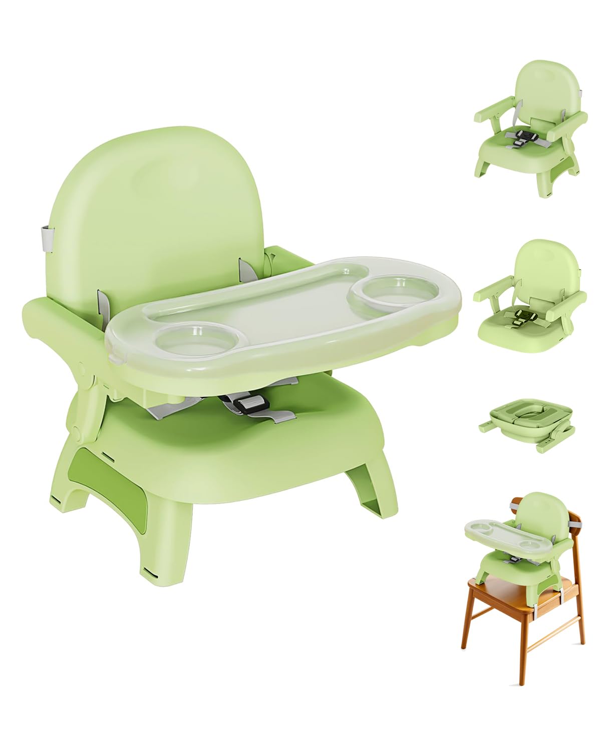 Booster Seat for Kitchen Chair, 3-in-1 Foldable & Portable Booster Seat with Tray, Extra Dishwasher-Safe Tray, Safety Straps for 6–18M (Up to 30 lbs), for Dining Table & Travel, Green