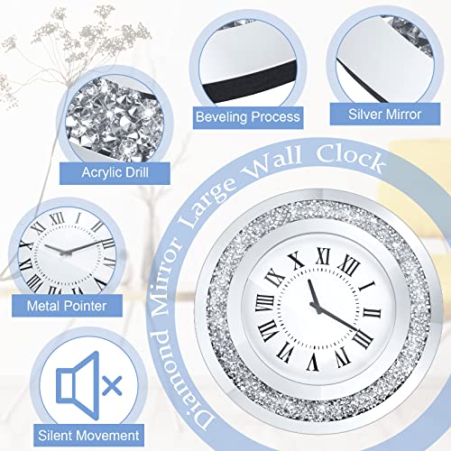 2 Pcs 20X20 Inch Crystal Crush Diamond Mirrored Clocks Round Decorative Mirror Wall Clock Crystal Sparkle Twinkle Bling Wall Decor For Living Room Bathroom Home Decoration, Aa Battery Not Included #TOP2
