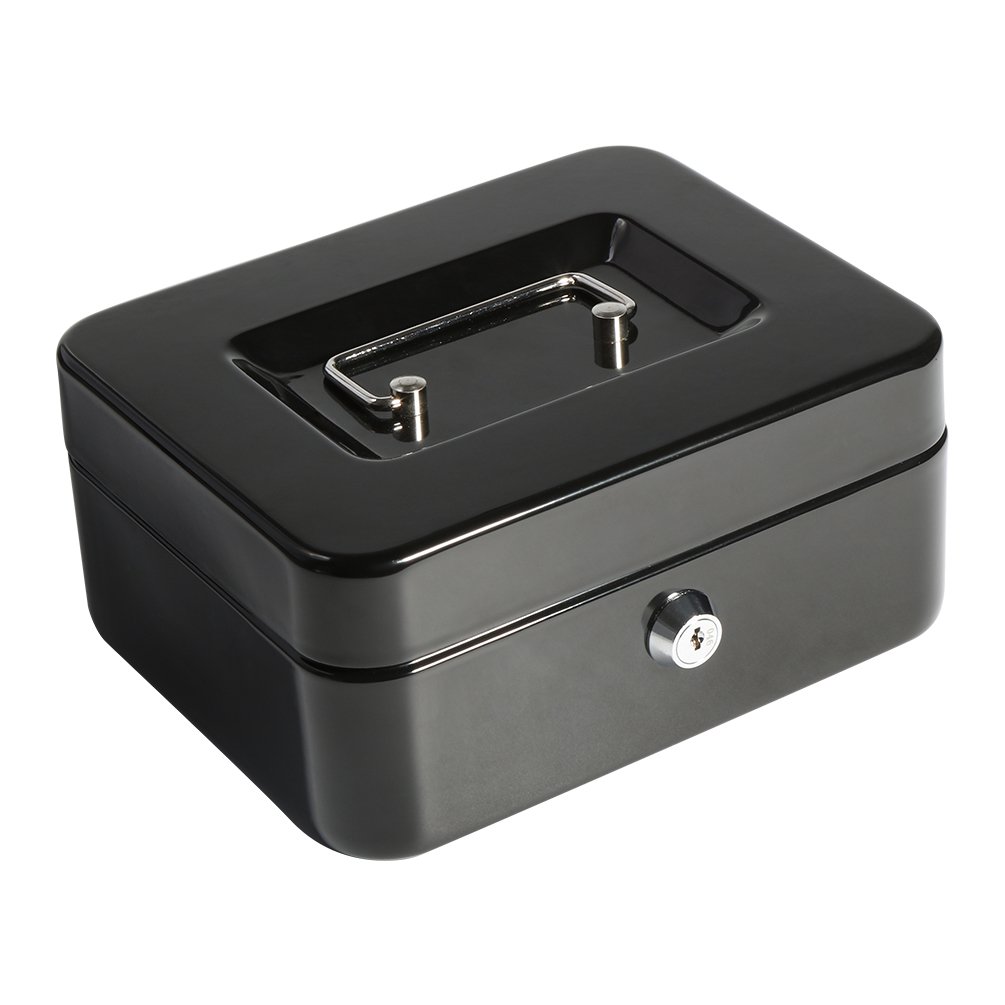 DecallerCash Box with Money Tray, Metal Locking Money Box with Key Lock for Security, 7 4/5" x 6 4/5" x 3 3/5" Small