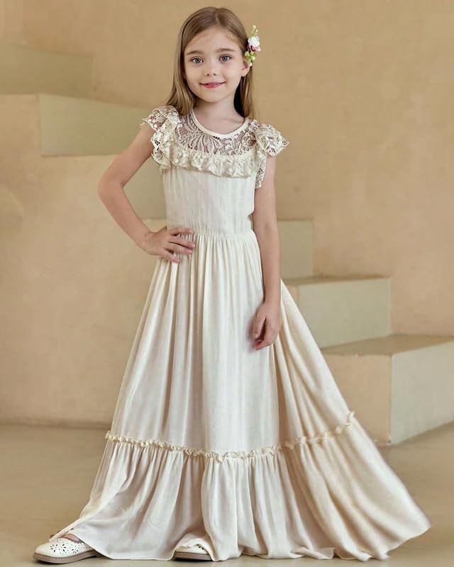 BIBIHOU Girls Toddler Lace Dress Boho Backless A Line Party Flower Girl Dress