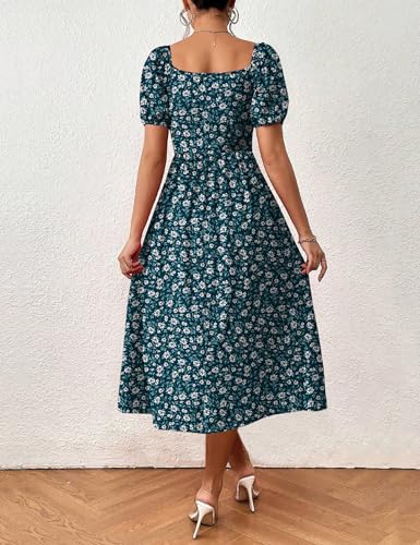 Image of SPRIME Women's Floral Summer Casual Dress Square Neck Puff Sleeve Boho Midi Dresses Ruched Bust High Waist Split Long Dress