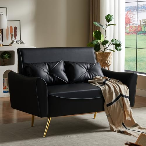 Brelice 48" Faux Leather Loveseat Sofa, Modern Small Couch for Small Space with 2 Pillows, 2 Seater Couch for Living Room, Bedroom, Office, Apartment (Black)