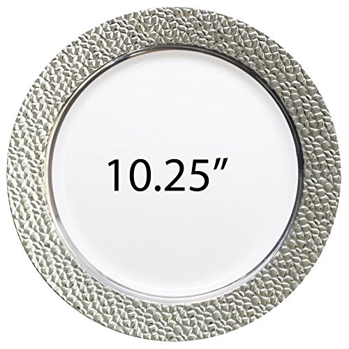Hammered Collection Plastic Plates, Disposable Wedding Dinnerware, Set of 40 Elegant Hammered Designed Plates, White/Silver, 10.25" Plates