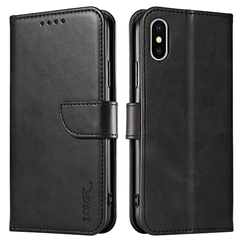 LOLFZ Wallet Case for iPhone XS Max Vintage Leather Book Case with Card Holder Kickstand Magnetic Closure Flip Case Cover for iPhone XS Max - Black