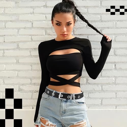 VONMELLI Women Punk Rock Belt for Jeans Dresses Grommet Waist Belt with Chain Hip-hop Style2