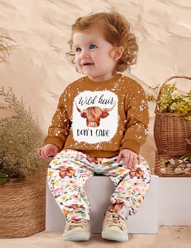 Image of Toddler Girl Clothes Fall Winter Outfits Wild Hair Don't Care Highland Cow Sweatshirt Pants Western Cowgirl Outfit