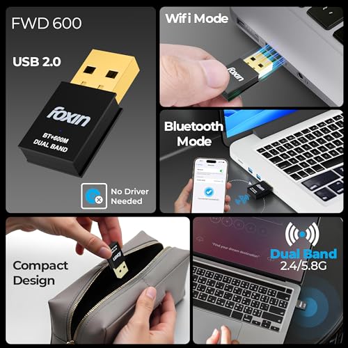Image of Foxin Nano 600 Mbps 2-in-1 Dual Band Wireless USB 2.0 WiFi (5Ghz) + Bluetooth 4.2 Adapter for PC, Laptop | High Speed Mini WiFi Bluetooth Dongle Compatible with Windows, Mac | WPA /WPA2 Security