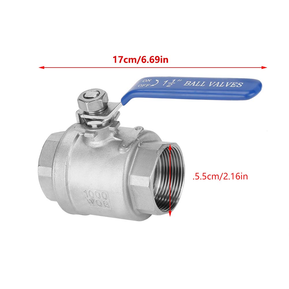 Dwuczęściowy, Pełny Port żeński, 2 Nierdzewny Zawór Kulowy Zawór Kulowy Gwintowany 1-1/2 "DN40 1000 WOG 304 Stal Nierdzewna z Wytrzymałym Niebieskim Uchwytem Izolacyjnym z Winylu