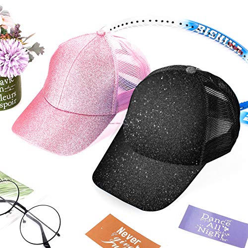Geyoga Girls Ponytail Hat Glitter Baseball Cap With High Bun Messy Ponytail Hole (Pink, Black, 2) #TOP5