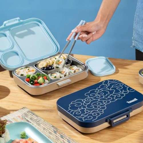 Image of Basil Bento Box Quad Plus - 3+1 Compartment Stainless Steel Lunch Box (1020ml) with BPA-Free Lid | Leak-Proof Tiffin for Kids & Adults | Premium Lunch Box for School, Office & Picnic - Midnight Sora