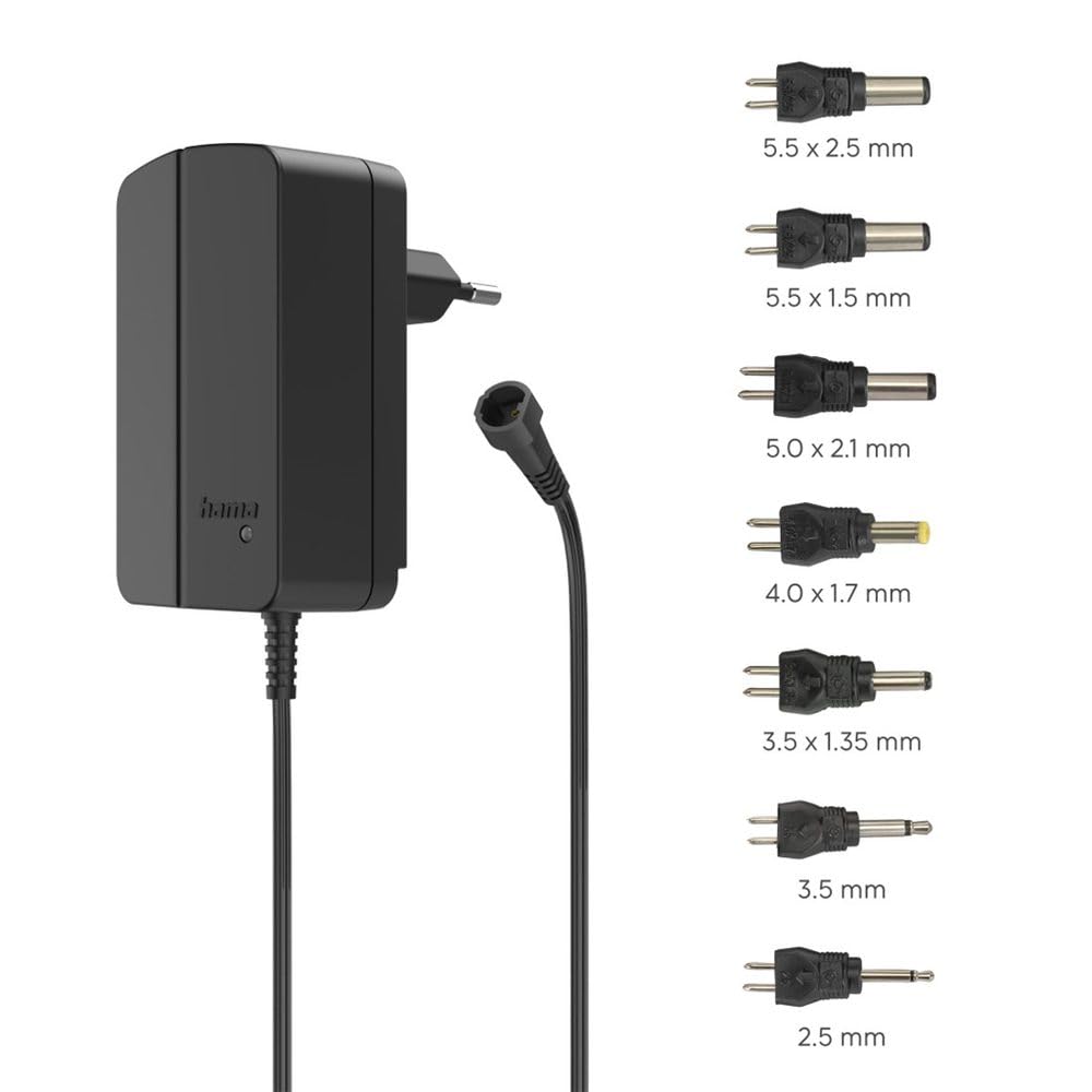 Hama Alimentation Universelle Réglable 9V-24V Chargeur Secteur 1500 mA, 24W (7 Connecteurs CC Amovible Interchangeable – Adaptateur Polyvalent Tablette Enceinte Appareil Électronique) Noir