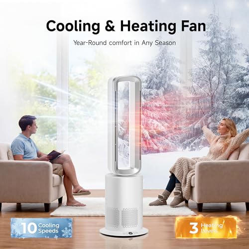 Image of Xcity TP09Pro Bladeless Tower Fan, 3-in-1 Air Purifier, Space Heater & Cooling Fan, Remote Control, HEPA H13 Filtration for Bedroom & Home Office Commercial, Silver & White
