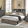 Farmhouse queen size wood bed frame with 52 tall storage headboard and 4 drawersled lightcharging stationsolid wood slats supportnoiselessno box spring neededwarm brown  urban country home decor