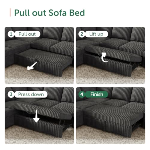 Image of HONBAY Modular Sectional Sleeper Sofa with Pull Out Bed Oversized Corduroy L Shaped Sofa Bed with Storage Couches for Living Room,Dark Grey