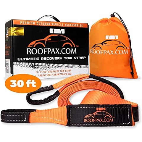 Tow Strap by RoofPax | 3" x 30 ft. Off Road Recovery Rope | 30,180 lb Break Strength Capacity | Heavy Duty Winch Strap with Triple Reinforced End Loops | Essential Recovery Kit for Getting Off-Road Cover