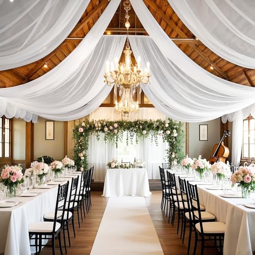 Image of FOTSHARER White Ceiling Drapes for Weddings 5FTx30FT 2 Panels Chiffon Arch Draping Fabric Sheer Curtains for Chiffon Ceiling Drapery Tulle Ceiling Drapes for Wedding Party Ceremony Swag Tent Decor