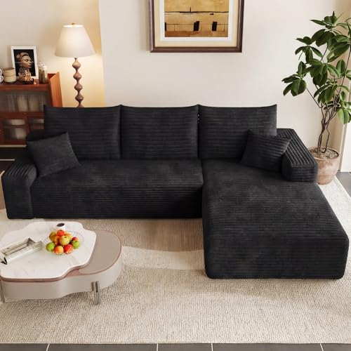 Image of 95 inch Modular Sectional Couch, Boneless L Shaped Cloud Sofa with Chaise Lounge, Corduroy Upholstered Couches Memory Foam Deep Seat, No Assembly Required, Ideal for Living Room(Black, Right Facing)