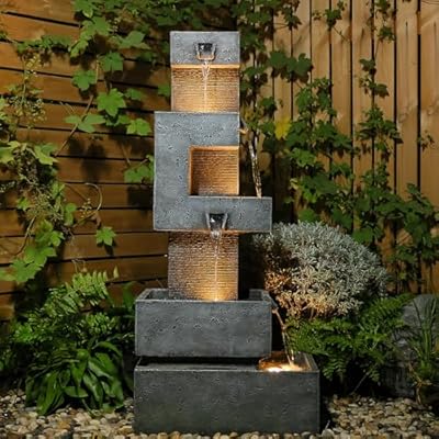 Tankana Outdoor Water Feature Fountain Tiered - Large Waterfall Indoor Freestanding Cascade Fountains Modern Style with LED Lights for Garden Patio Yard Pool Home Decor (Gray,47.5 inches)