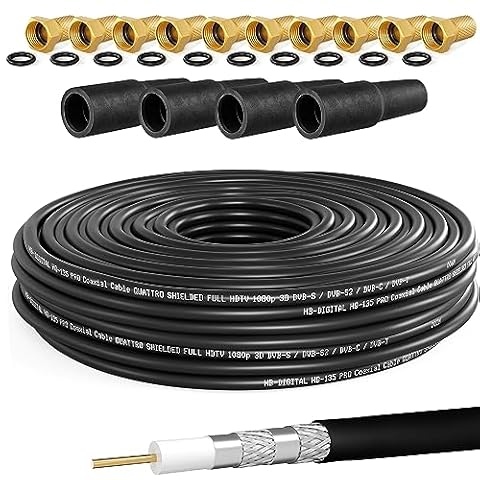 HB-DIGITAL 30 m kabel koncentryczny SAT HQ135 PRO w zestawie 4 x tulejki gumowe + 10 x wtyk F pozłacany gratis | kabel antenowy satelitarny 4-krotnie ekranowany | do DVB-S/S2 DVB-C/C2 DVB-T/T2 DAB+