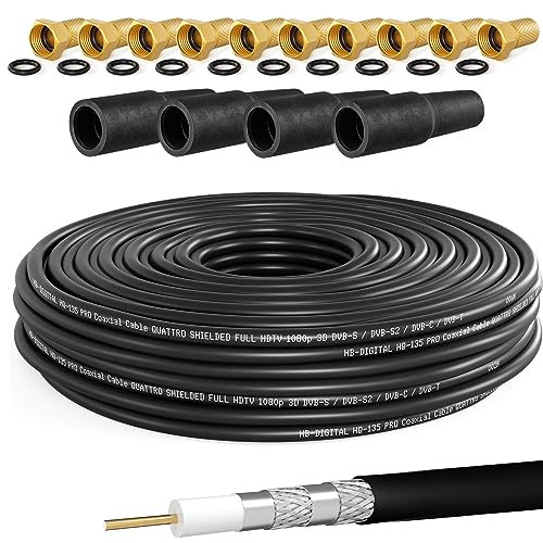 HB-DIGITAL Cable Coaxial SAT HQ135 PRO 30m, 4 Boquillas de Goma + 10 Conectores F Dorados, Cable de Antena Satélite Blindado 4 Vías para Sistemas DVB-S/S2 C/C2 T/T2 DAB+