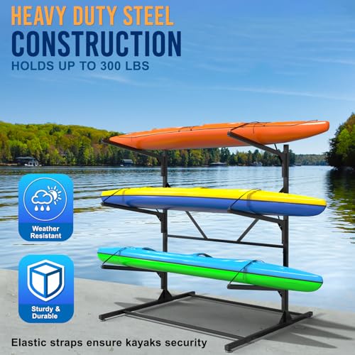 ZSLTLDU Kayak Racks for Outdoor Storage, Kayak Storage Rack, 3 Tier Adjustable Freestanding Kayak Rack Holder for Paddleboard Surfboard SUP