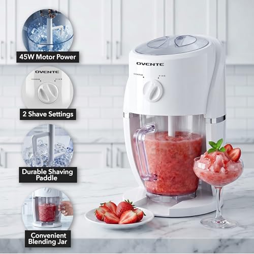 Image of OVENTE Shaved Ice Machine, Electric Ice Shaver with 2 Shaving Settings, Blending Jar /Serving Pitcher, Easy to Use Slushy & Snow Cone Maker for Homemade Treats, Frozen Cocktails & More, White ICR2037W